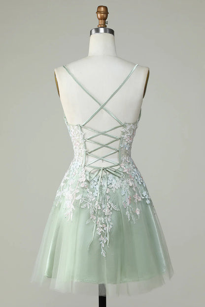 A Line Cute Corset Green Homecoming Dress With Appliques