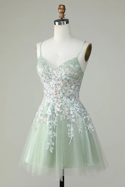 A Line Cute Corset Green Homecoming Dress With Appliques