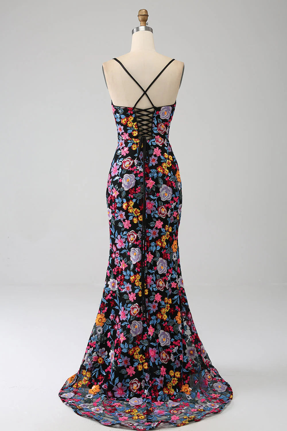Black Flower Mermaid Spaghetti Straps Embroidered Prom Dress With Side Slit