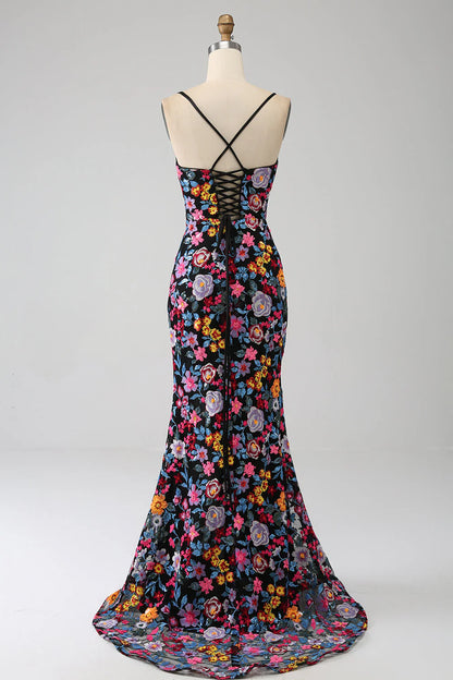Black Flower Mermaid Spaghetti Straps Embroidered Prom Dress With Side Slit