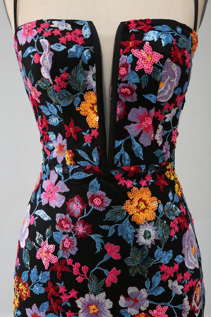 Black Flower Mermaid Spaghetti Straps Embroidered Prom Dress With Side Slit