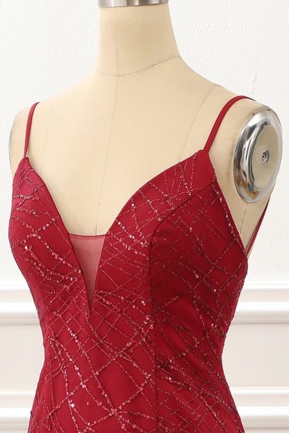 Saprkly Mermaid Dark Red Prom Dress With Slit