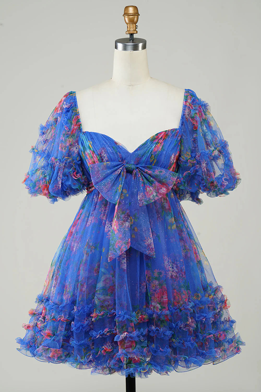 Floral Printed A-Line Tulle Homecoming Dress With Puff Sleeves