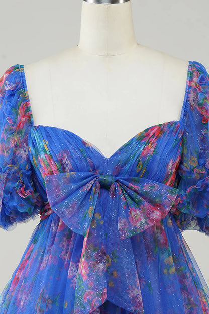 Floral Printed A-Line Tulle Homecoming Dress With Puff Sleeves