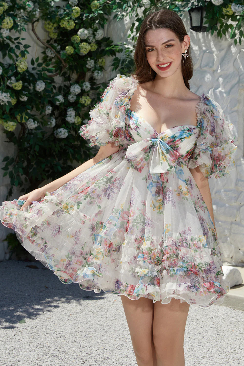 Floral Printed A-Line Tulle Homecoming Dress With Puff Sleeves