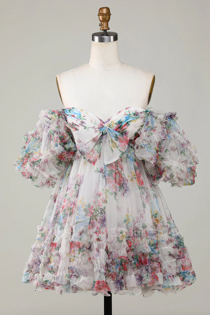 Floral Printed A-Line Tulle Homecoming Dress With Puff Sleeves