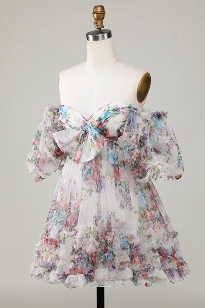 Floral Printed A-Line Tulle Homecoming Dress With Puff Sleeves