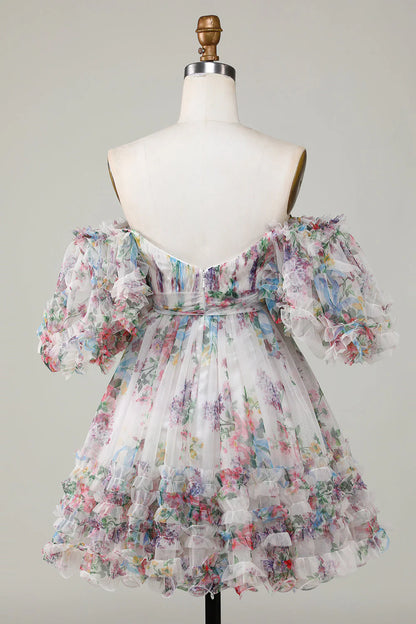 Floral Printed A-Line Tulle Homecoming Dress With Puff Sleeves