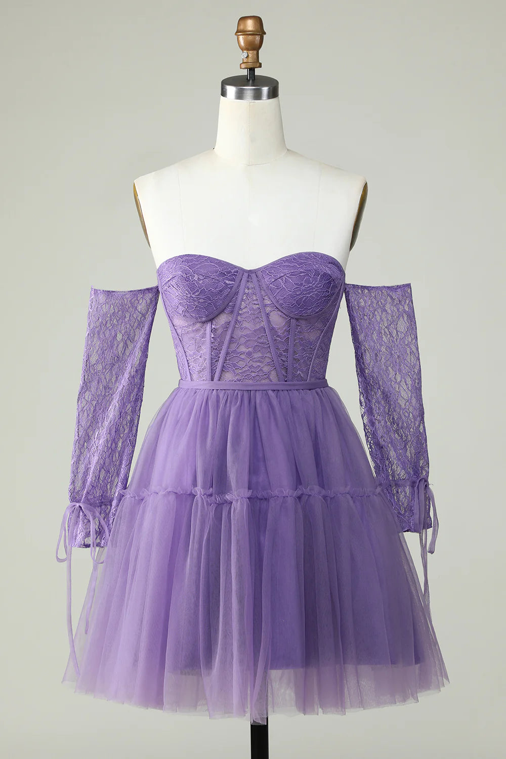 A Line Purple Off The ShoulderCorset Homecoming Dress With Lace Long Sleeves