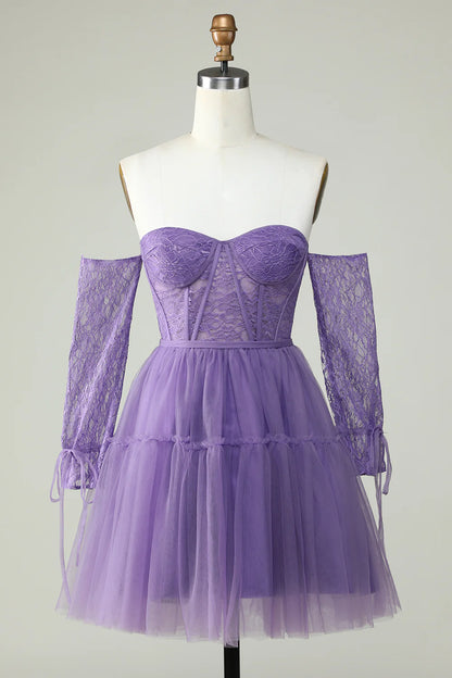 A Line Purple Off The ShoulderCorset Homecoming Dress With Lace Long Sleeves