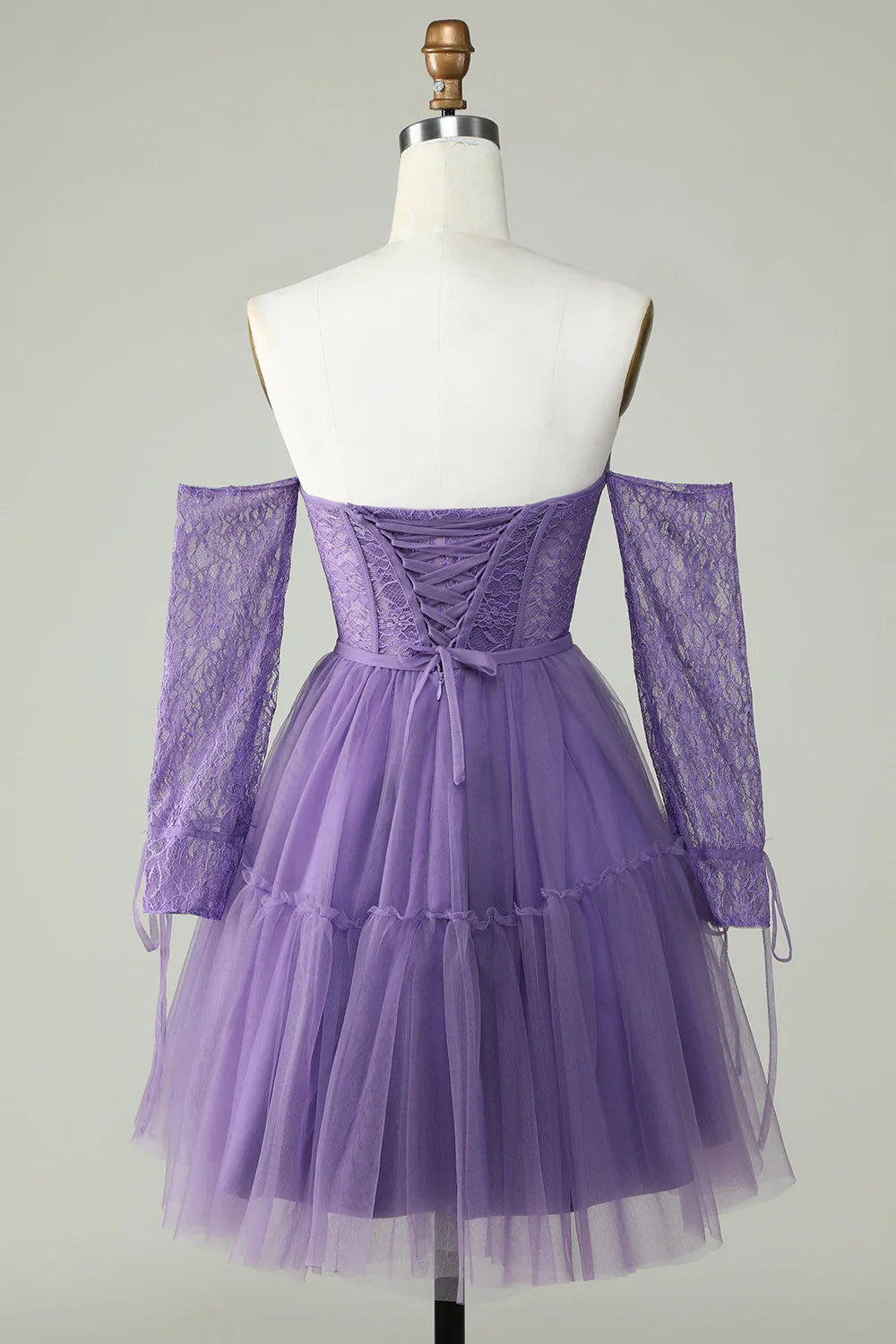 A Line Purple Off The ShoulderCorset Homecoming Dress With Lace Long Sleeves