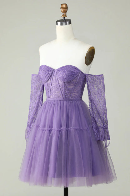 A Line Purple Off The ShoulderCorset Homecoming Dress With Lace Long Sleeves