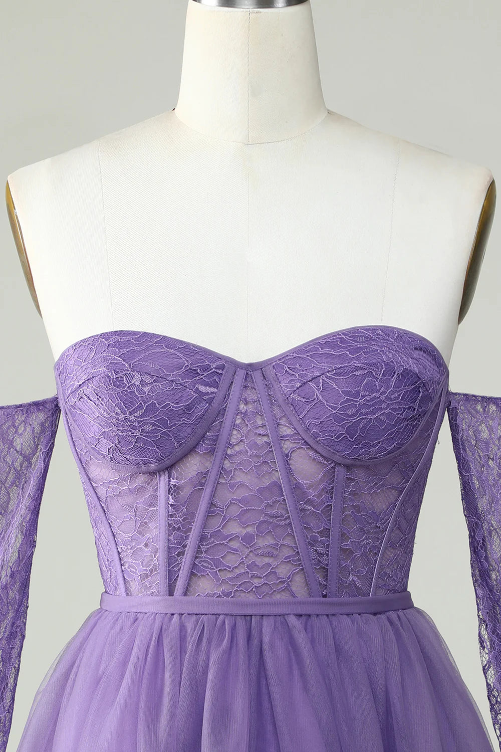 A Line Purple Off The ShoulderCorset Homecoming Dress With Lace Long Sleeves