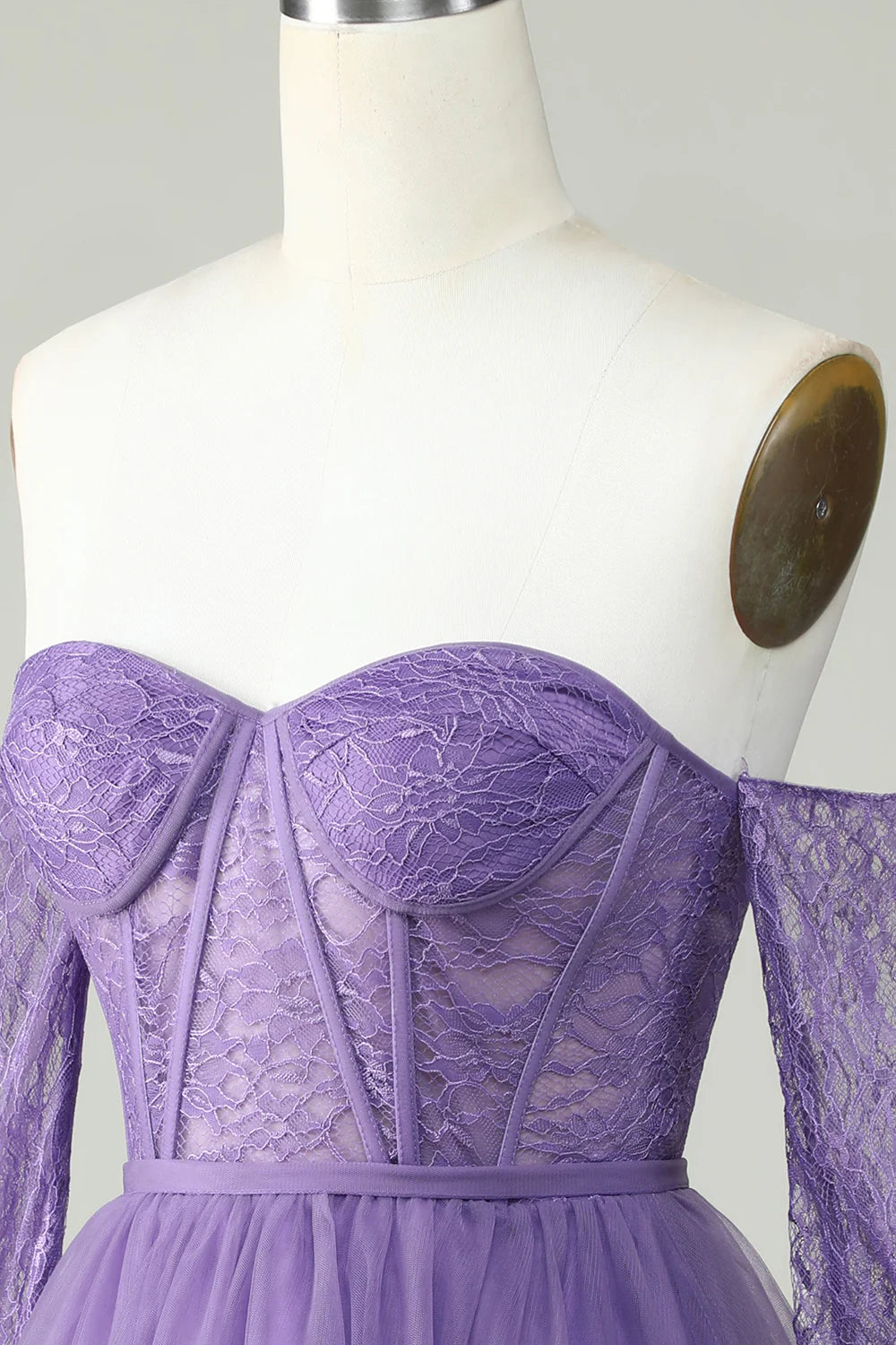 A Line Purple Off The ShoulderCorset Homecoming Dress With Lace Long Sleeves