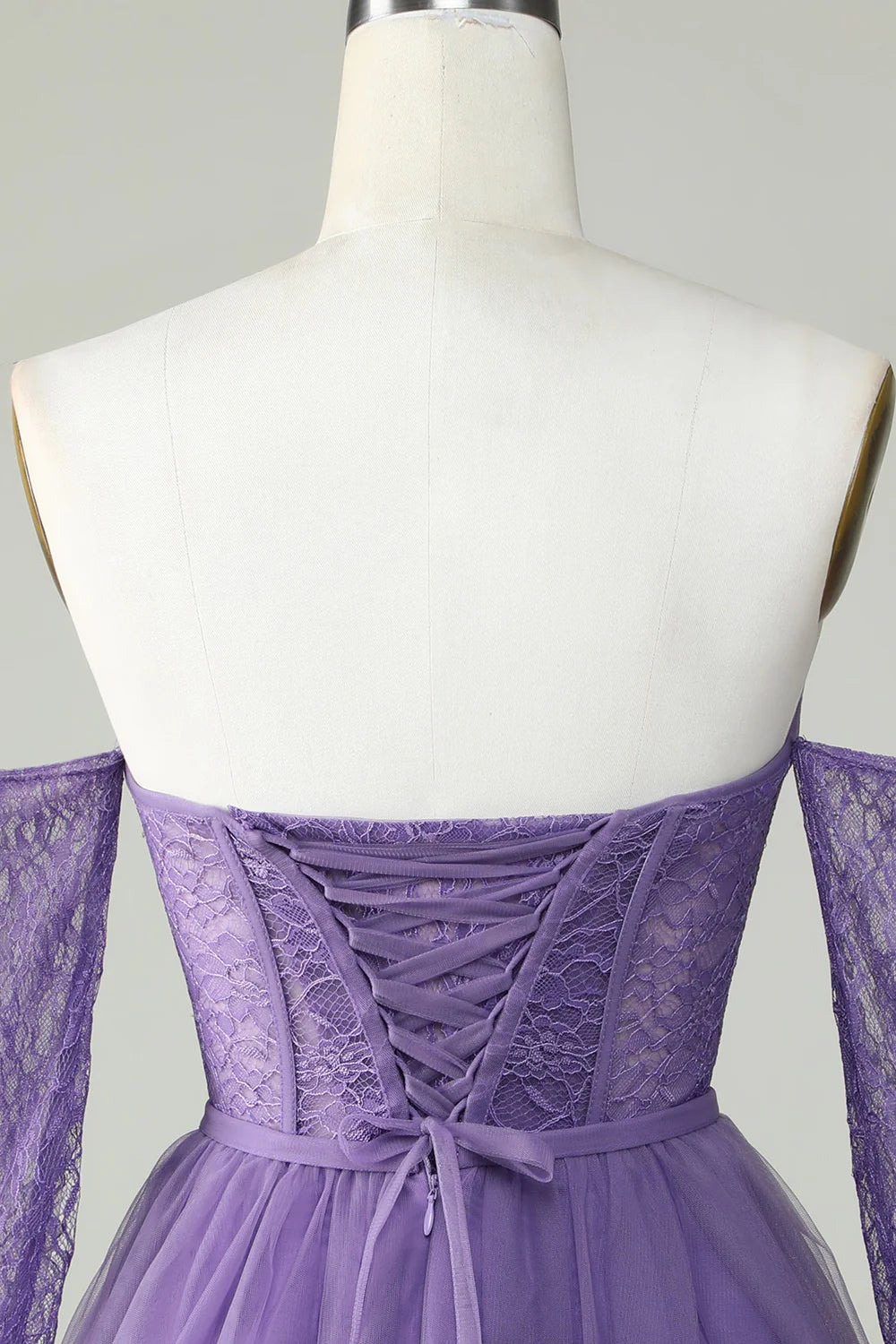 A Line Purple Off The ShoulderCorset Homecoming Dress With Lace Long Sleeves