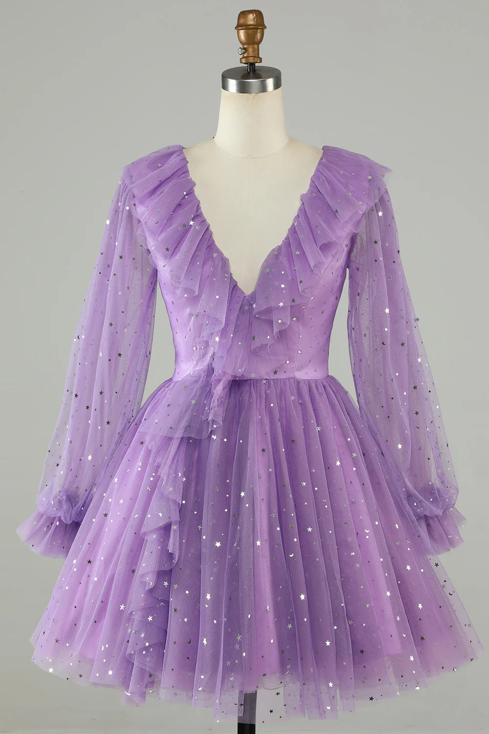 Purple Long Sleeves Sparkly Homecoming Dress With Stars Sequins