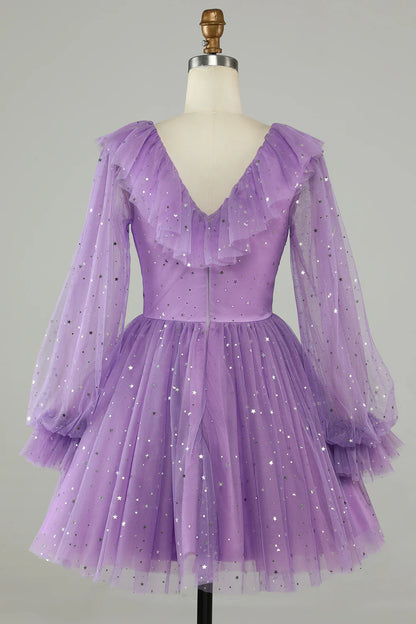 Purple Long Sleeves Sparkly Homecoming Dress With Stars Sequins