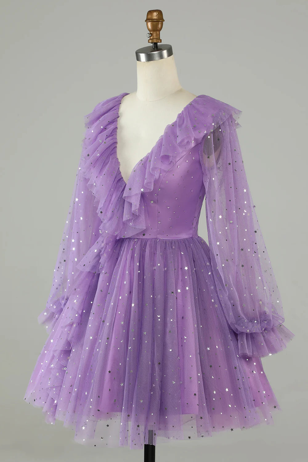 Purple Long Sleeves Sparkly Homecoming Dress With Stars Sequins