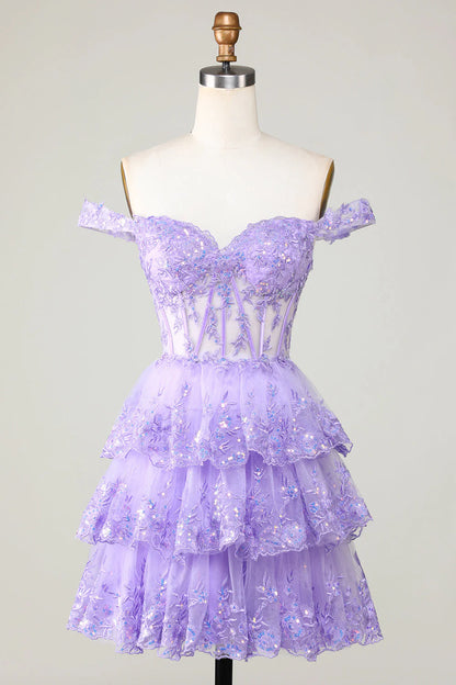 Lavender Off The Shoulder A Line Corset Tiered Homecoming Dress With Lace