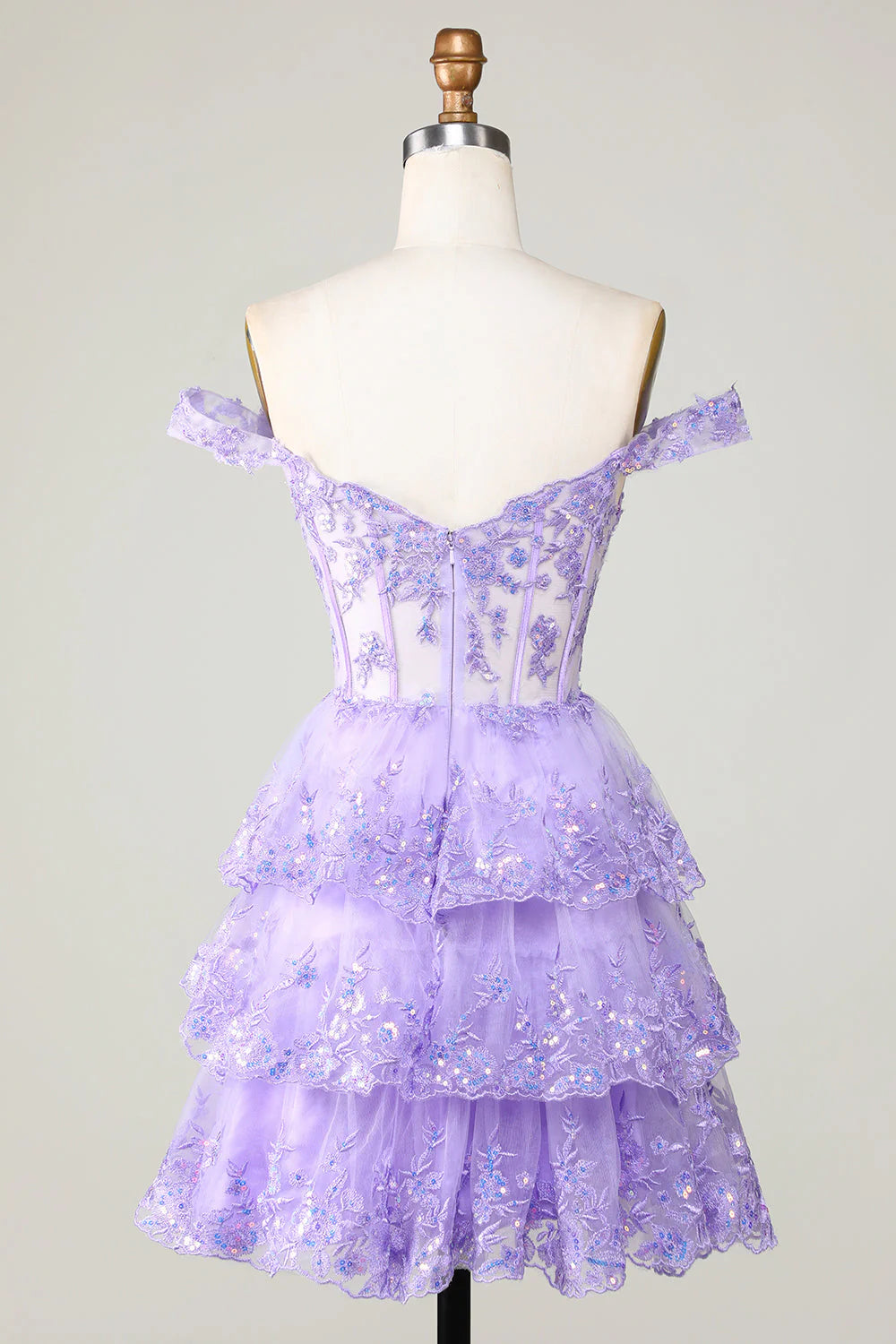 Lavender Off The Shoulder A Line Corset Tiered Homecoming Dress With Lace