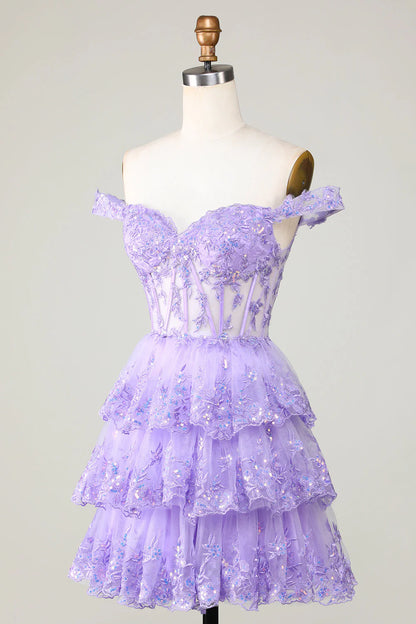 Lavender Off The Shoulder A Line Corset Tiered Homecoming Dress With Lace