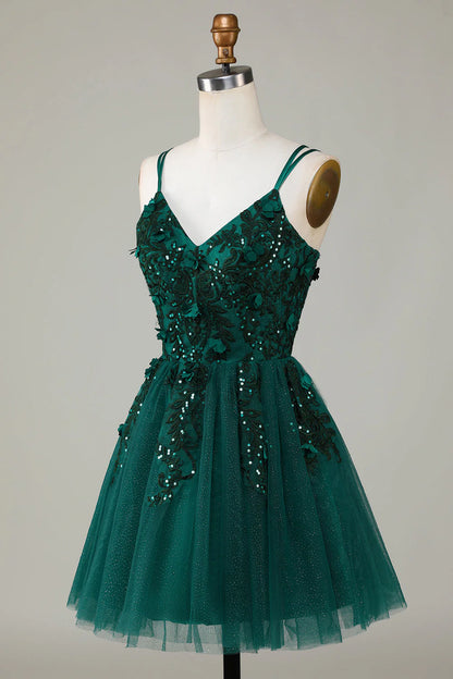 Dark Green Stylish A Line Spaghetti Straps Short Homecoming Dress With Appliques Beading