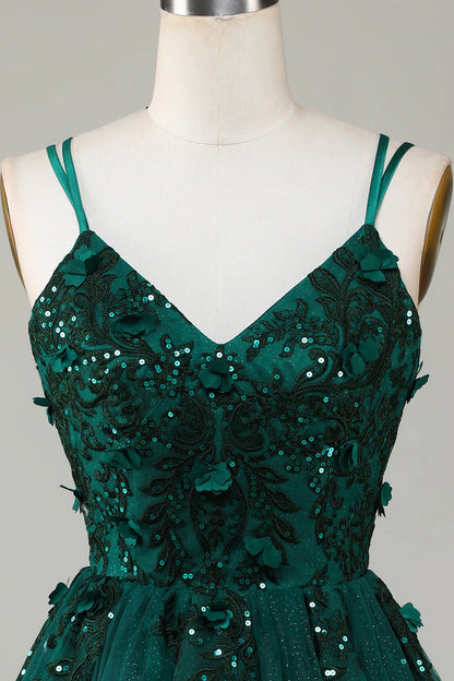 Dark Green Stylish A Line Spaghetti Straps Short Homecoming Dress With Appliques Beading