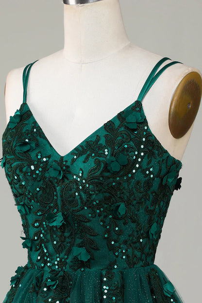 Dark Green Stylish A Line Spaghetti Straps Short Homecoming Dress With Appliques Beading