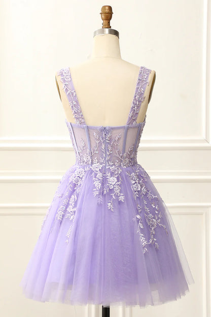 A Line Mini Corset Lilac Homecoming Dress With Appliques