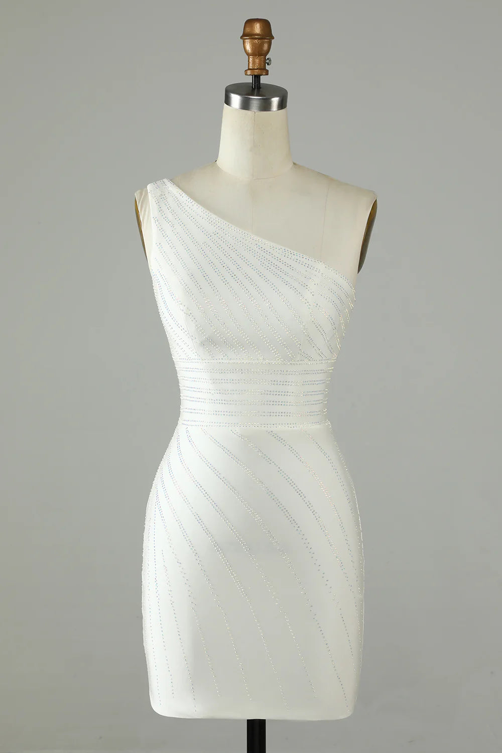 White One Shoulder White Tight Homecoming Dress With Beaded