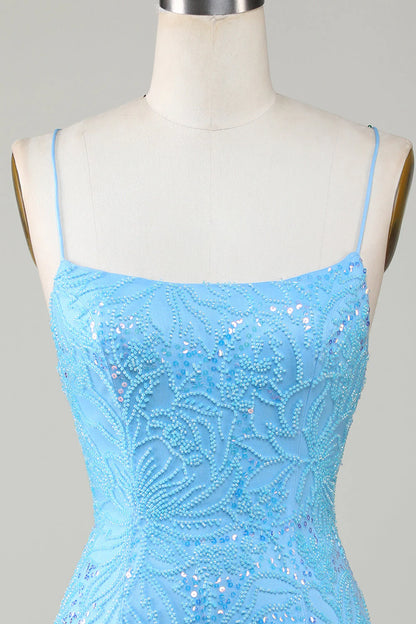 Blue Sparkly Beaded Tight Short Homecoming Dress