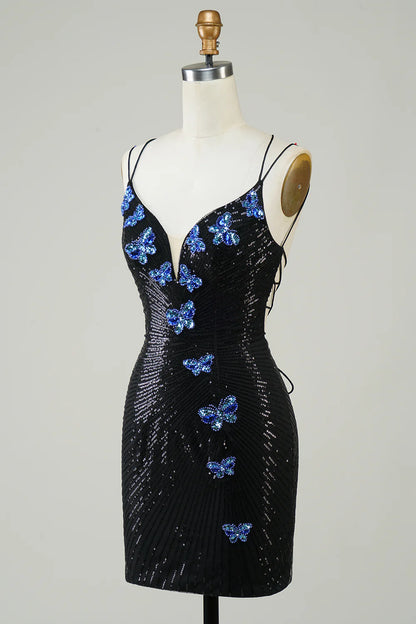 Black Glitter Short Homecoming Dress With Sequins Butterflies