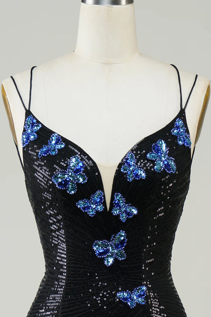 Black Glitter Short Homecoming Dress With Sequins Butterflies