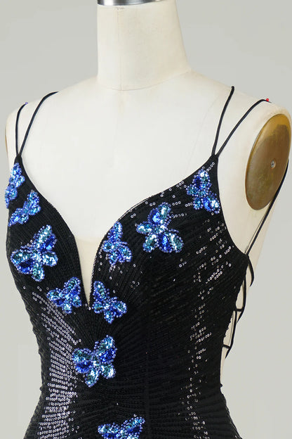 Black Glitter Short Homecoming Dress With Sequins Butterflies