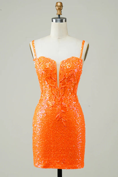 Sparkly Tight Short Orange Homecoming Dress With Beaded