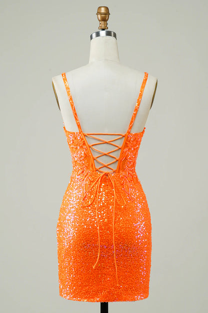 Sparkly Tight Short Orange Homecoming Dress With Beaded