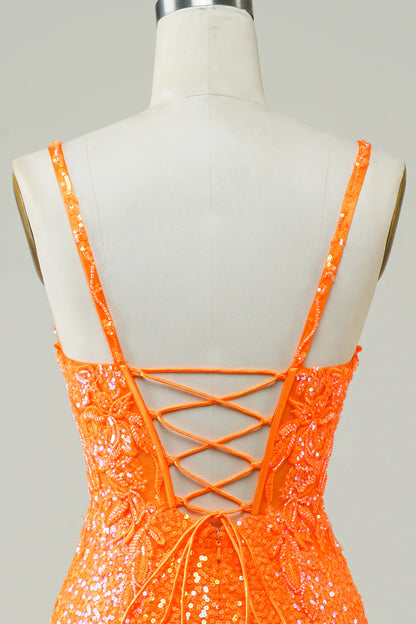 Sparkly Tight Short Orange Homecoming Dress With Beaded