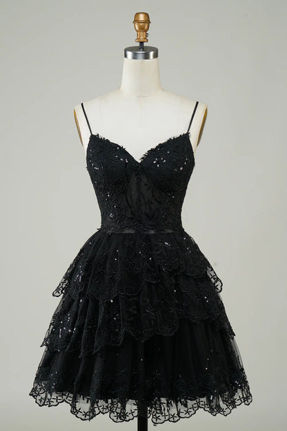 Spaghetti Straps Sparkly Tiered Corset Homecoming Dress