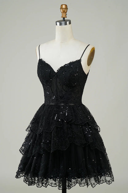 Spaghetti Straps Sparkly Tiered Corset Homecoming Dress