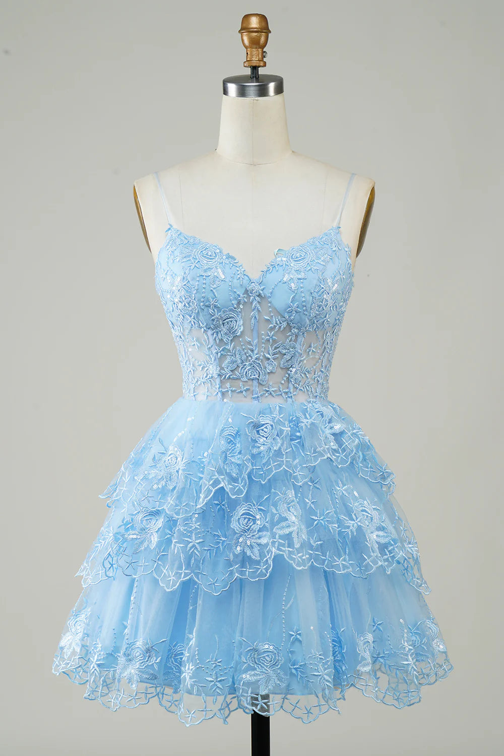 Spaghetti Straps Sparkly Tiered Corset Homecoming Dress