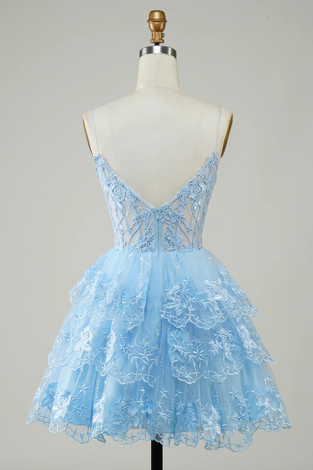 Spaghetti Straps Sparkly Tiered Corset Homecoming Dress