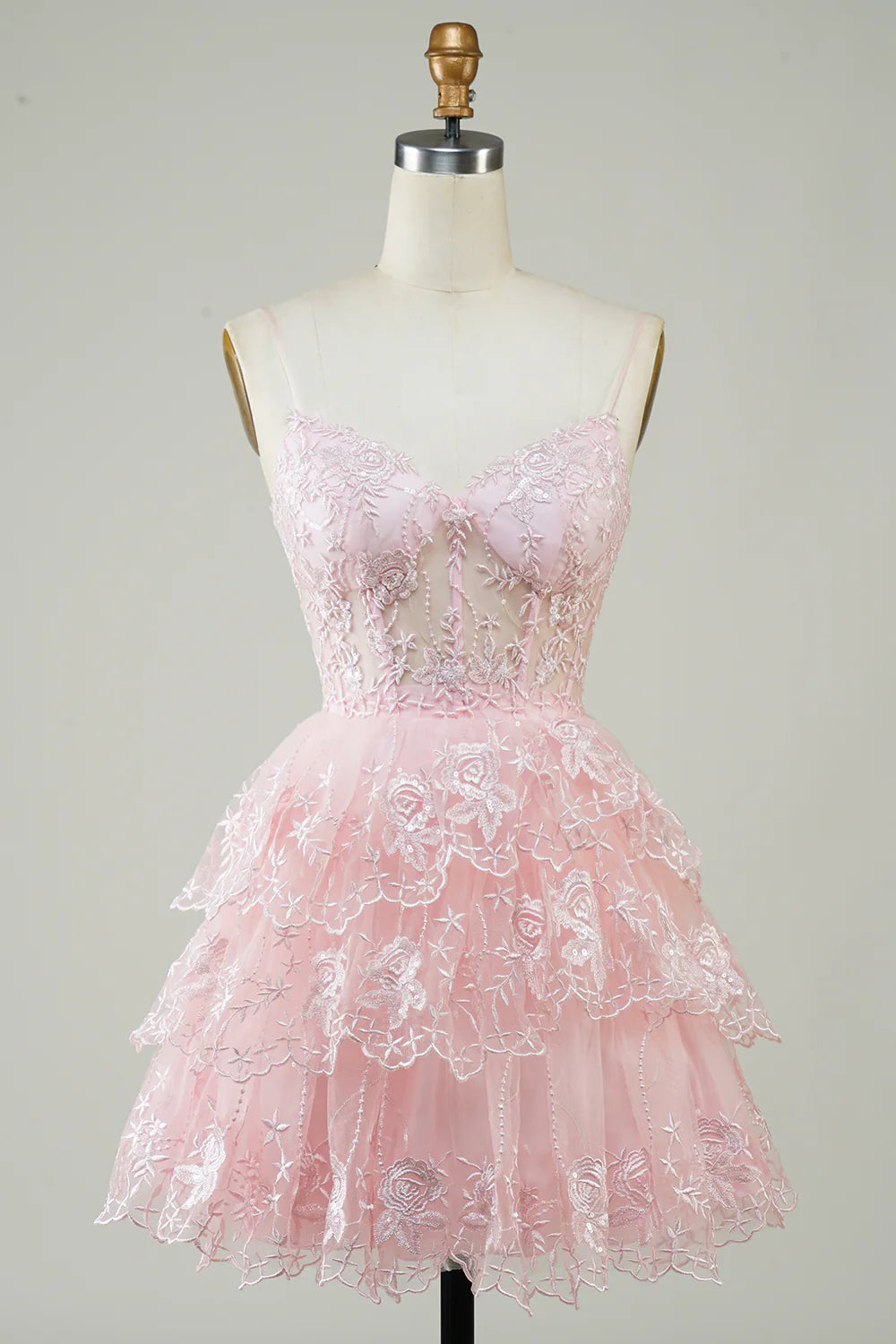 Spaghetti Straps Sparkly Tiered Corset Homecoming Dress