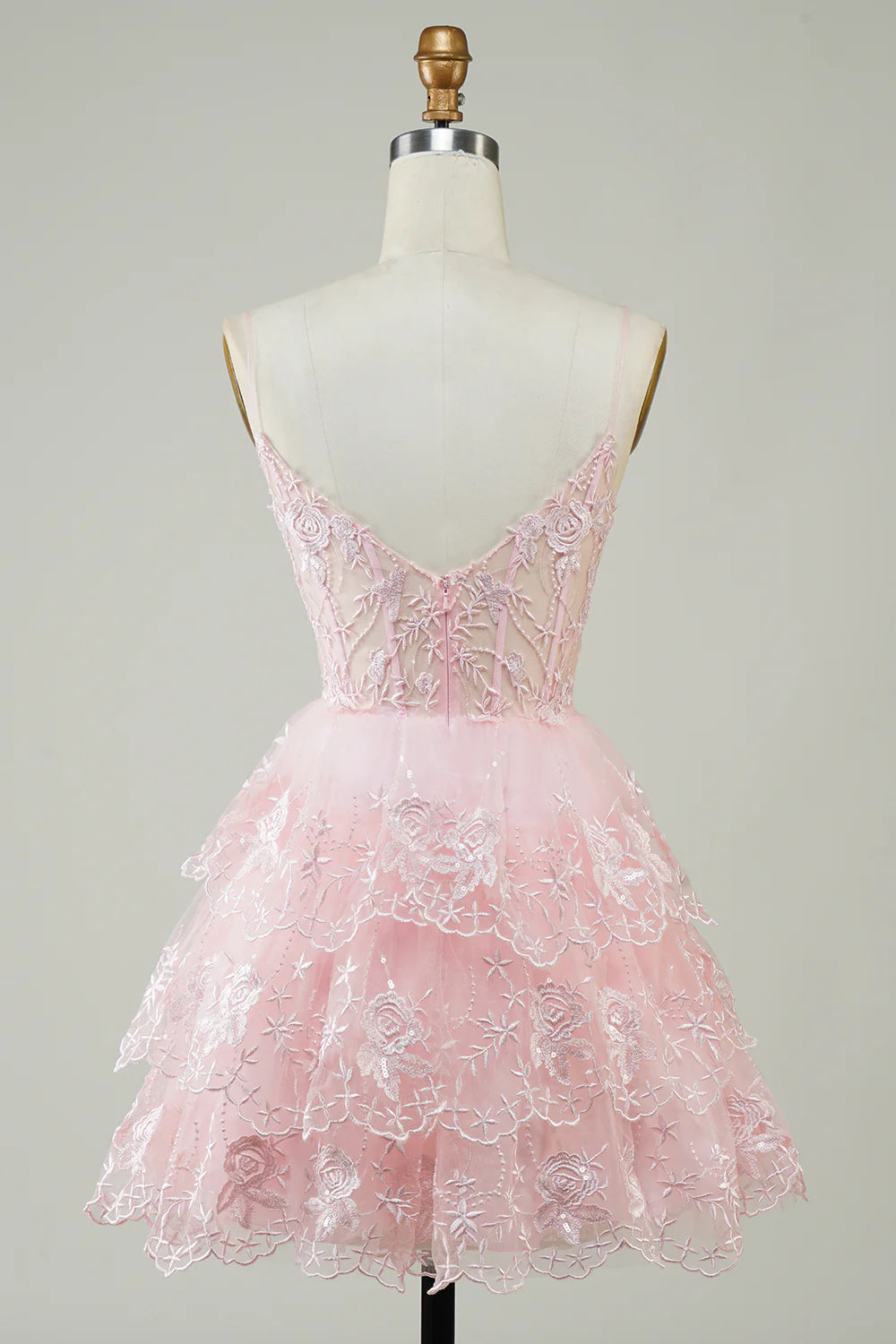 Spaghetti Straps Sparkly Tiered Corset Homecoming Dress