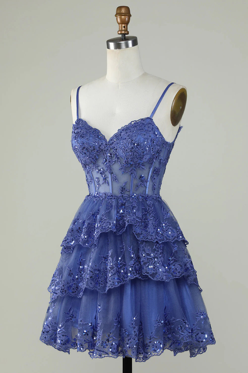 Spaghetti Straps Sparkly Tiered Corset Homecoming Dress