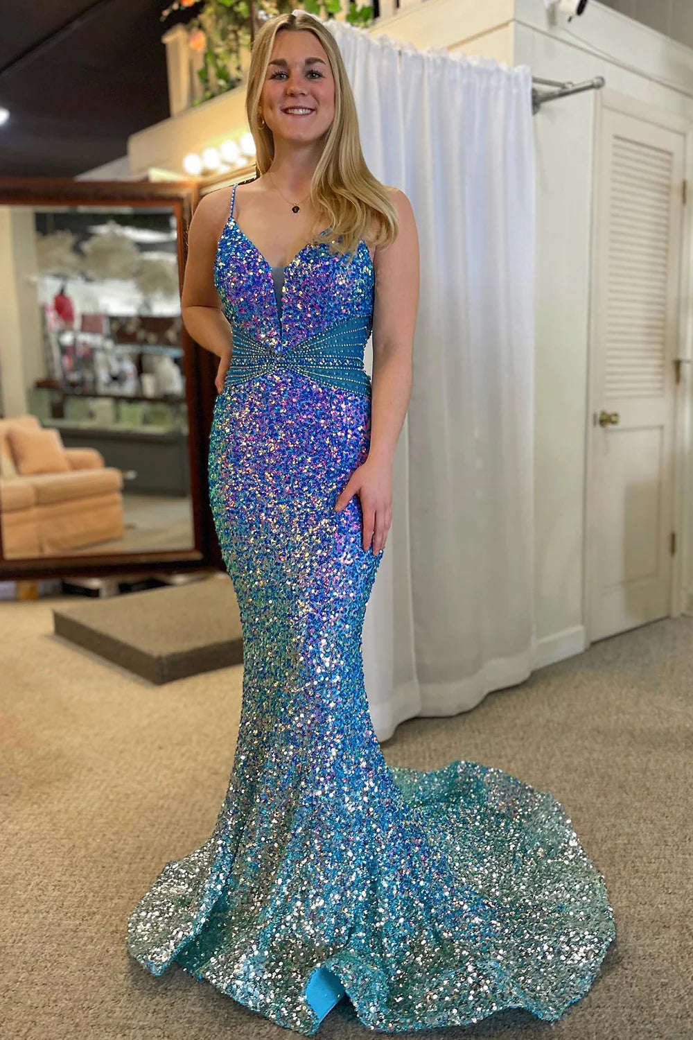 Sparkly  Mermaid Spaghetti Straps Backless Long Prom Dress