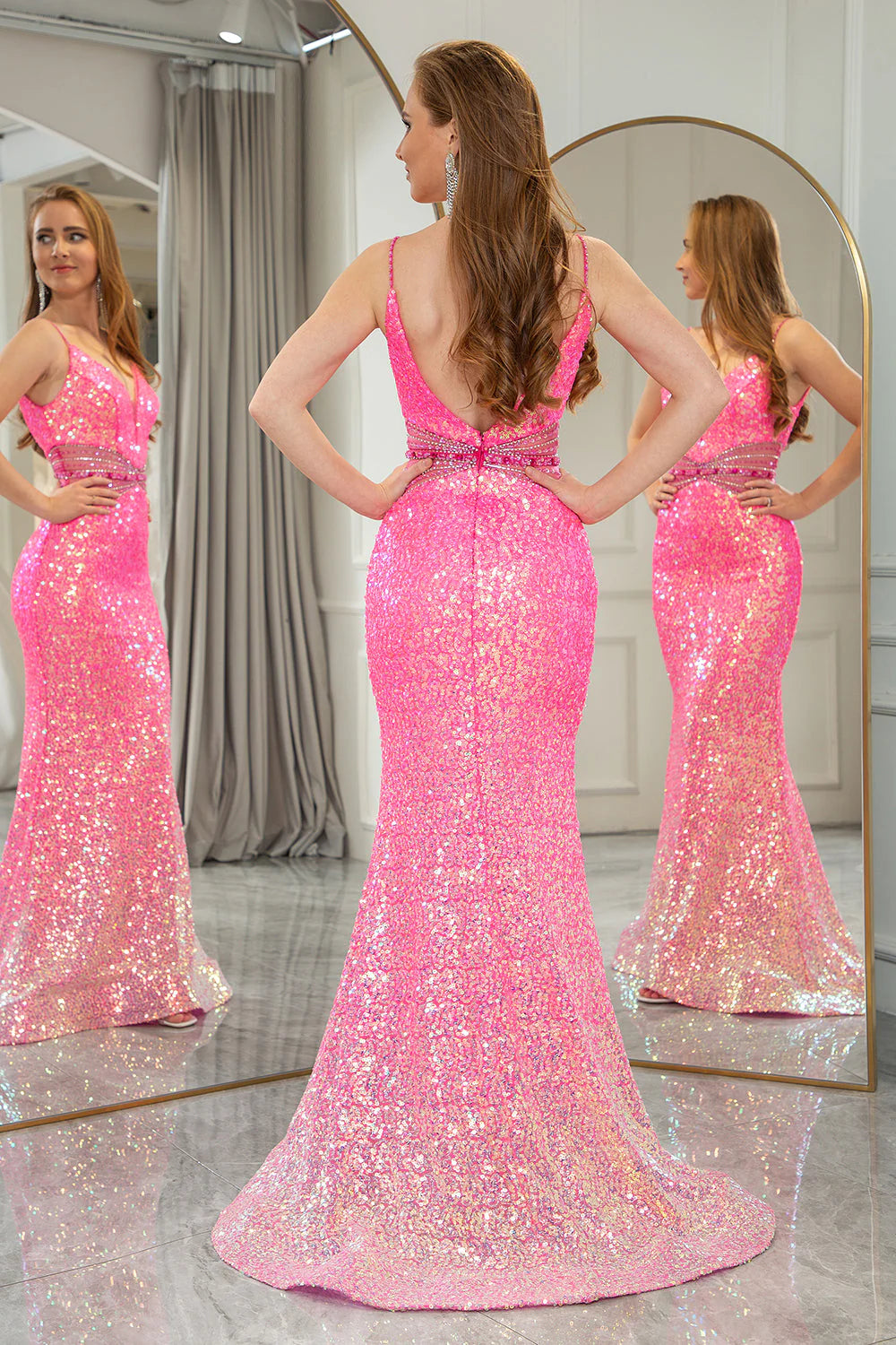 Sparkly  Mermaid Spaghetti Straps Backless Long Prom Dress