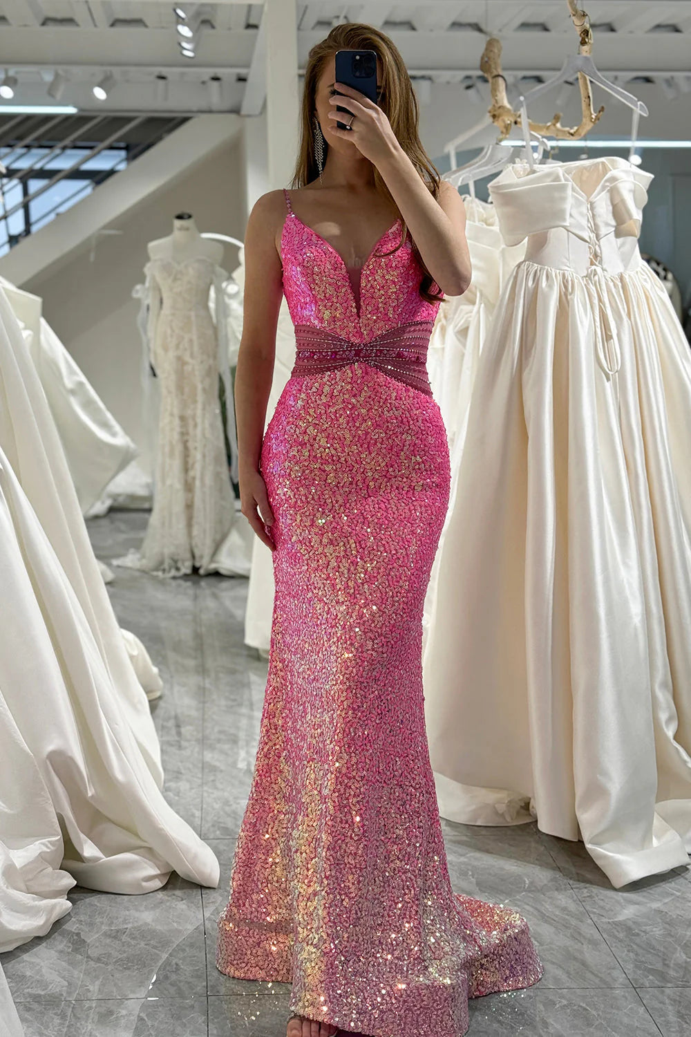 Sparkly  Mermaid Spaghetti Straps Backless Long Prom Dress