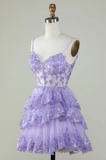 Spaghetti Straps Sparkly Tiered Corset Homecoming Dress