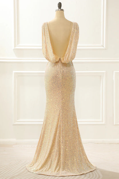 Sequins Long  Champagne Prom Dress With Slit