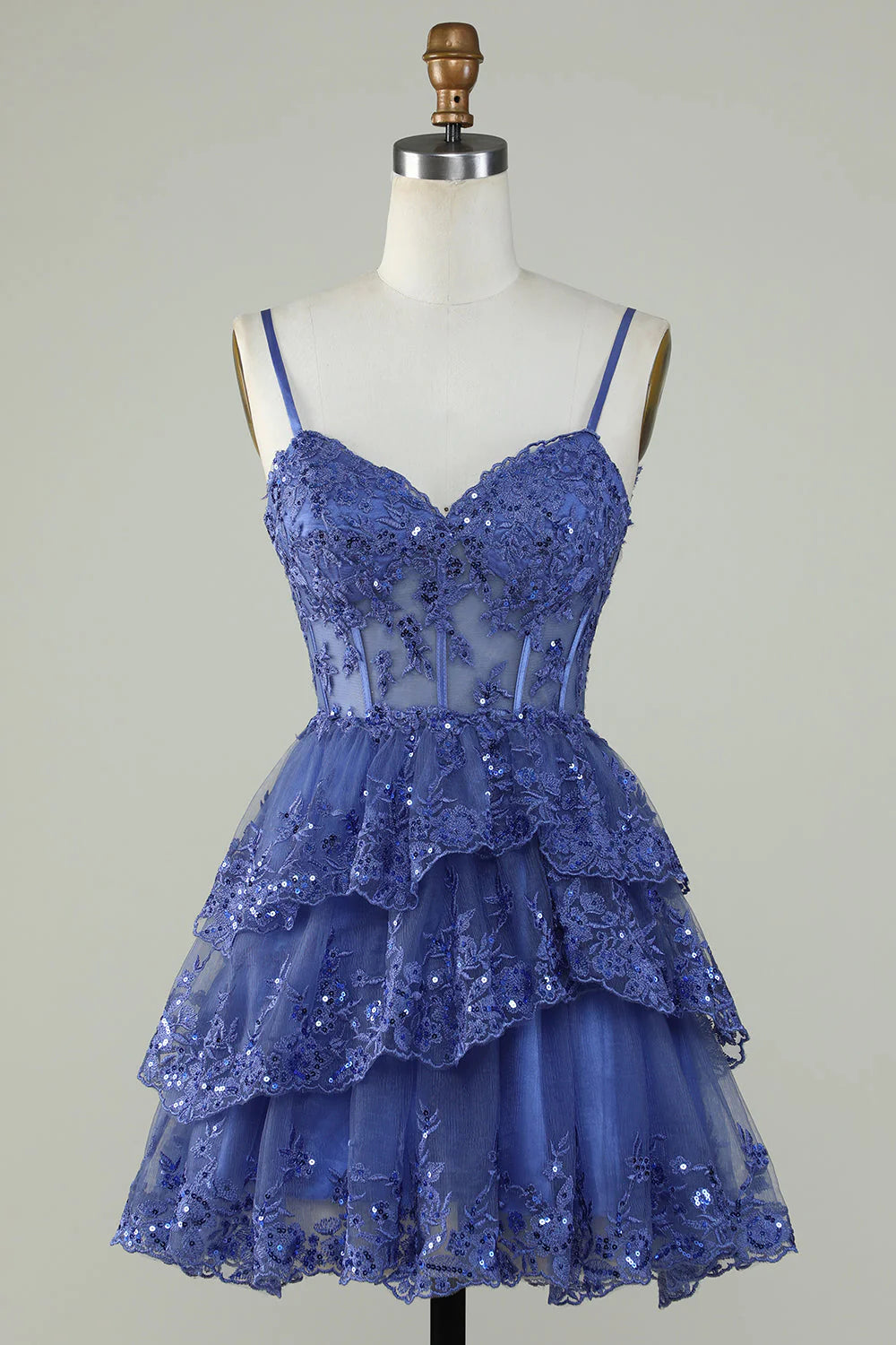 Spaghetti Straps Sparkly Tiered Corset Homecoming Dress